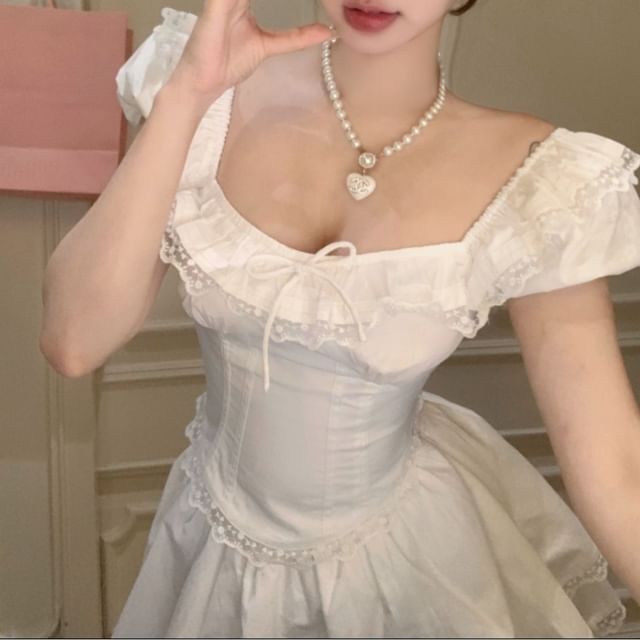 Bow Cap Skirt Blouse Lace Trim / Square Plain Mini Sleeve High Ruffle Neck A-Line Waist