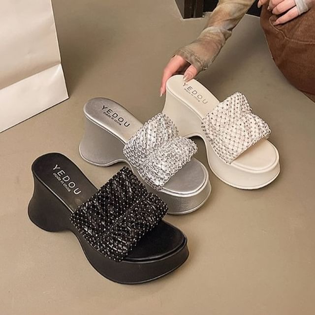 Heel Rhinestone Slide Wedge Sandals Platform