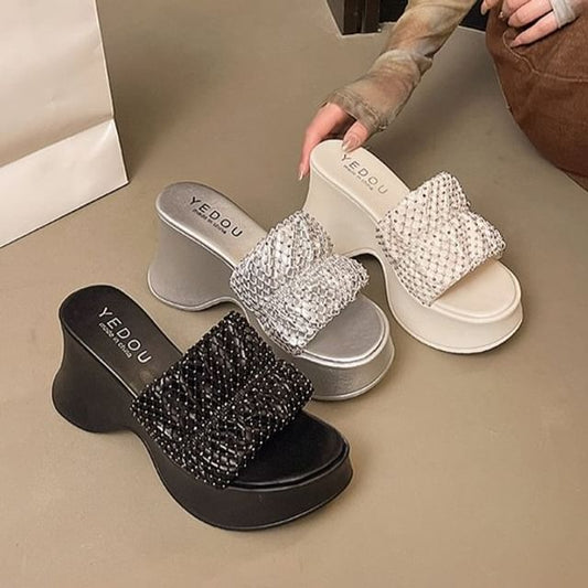 Heel Rhinestone Slide Wedge Sandals Platform