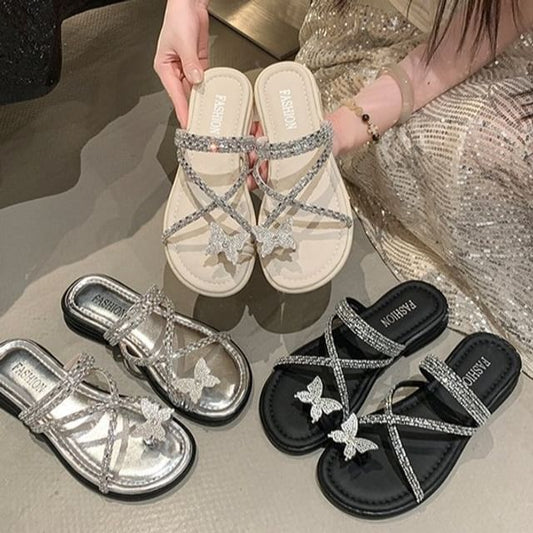 Loop Butterfly Cross Toe Sandals Slide Rhinestone Criss