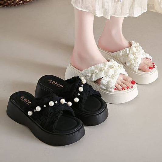 Pearl Cross Slide Faux Sandals Criss Platform