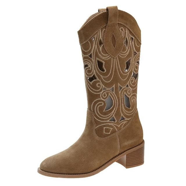 Mid-Calf Embroidered Boots Cutout Heel Chunky
