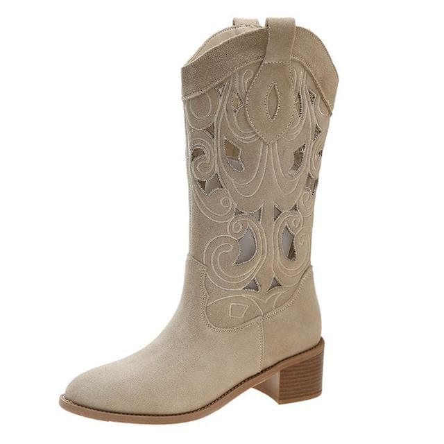 Mid-Calf Embroidered Boots Cutout Heel Chunky