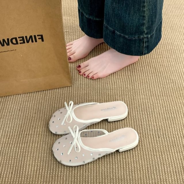 Rhinestone Bow Mesh Mules