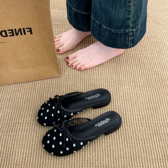 Rhinestone Bow Mesh Mules
