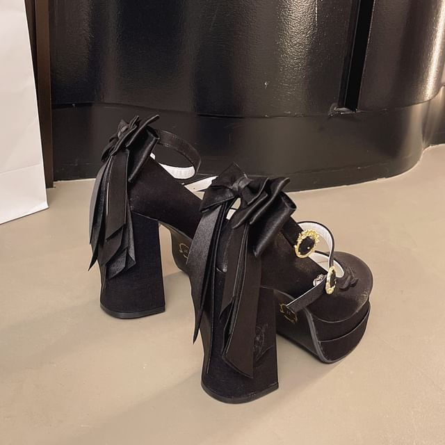 Mary Chunky Heel Bow Platform Embroidered Jane Shoes