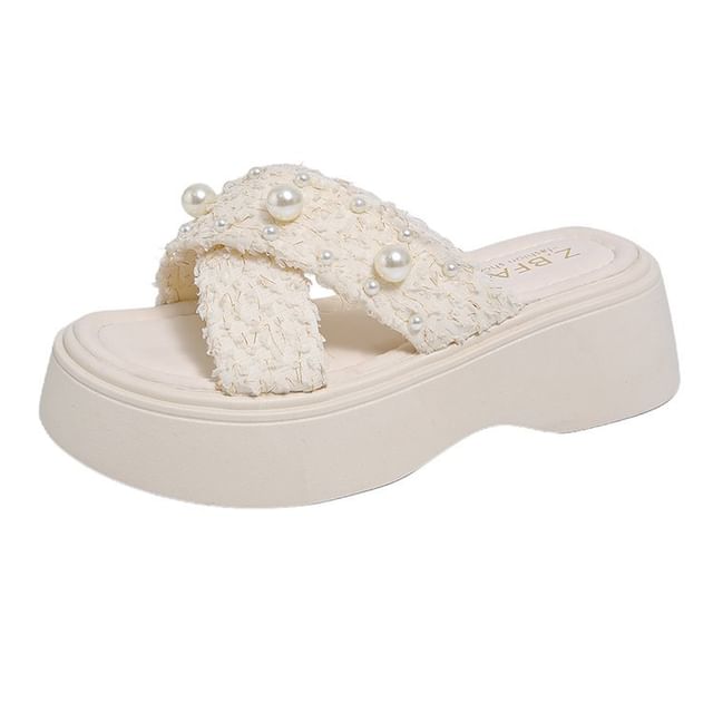 Criss Platform Sandals Slide Cross Faux Pearl