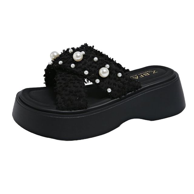 Criss Platform Sandals Slide Cross Faux Pearl