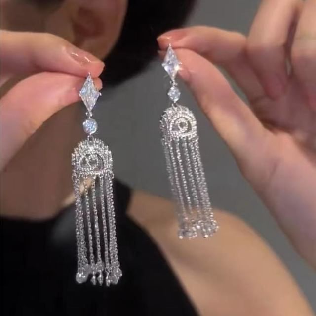 Earring Rhinestone Fringed Alloy