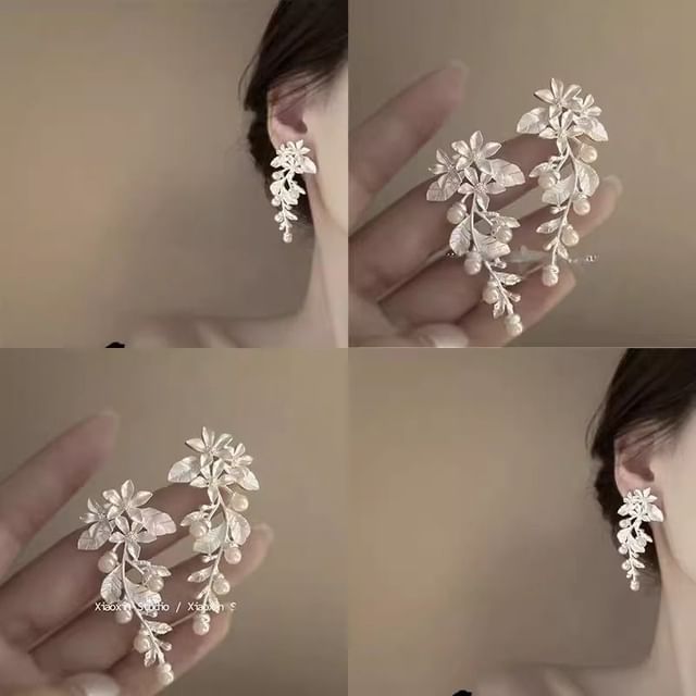 Floral Faux Earring Dangle Pearl Alloy