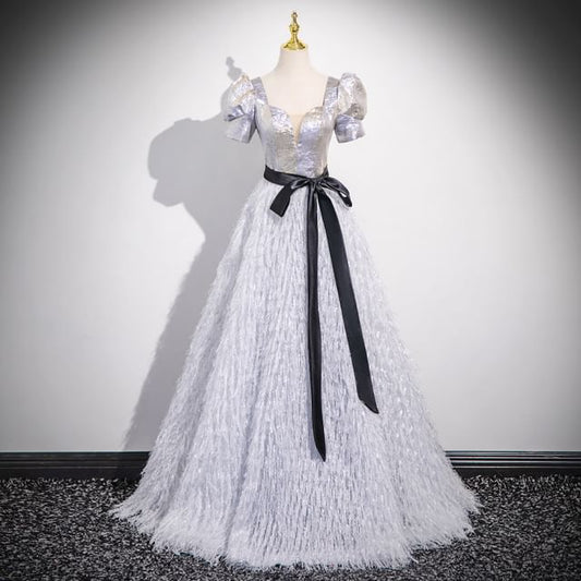 Short-Sleeve Square Neck Glitter Fringe A-Line Evening Gown