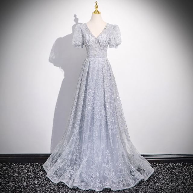 Short-Sleeve V-Neck Plain Lace Sheath Evening Gown