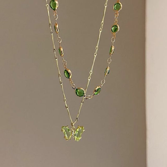 Station Necklace Rhinestone Butterfly Layered