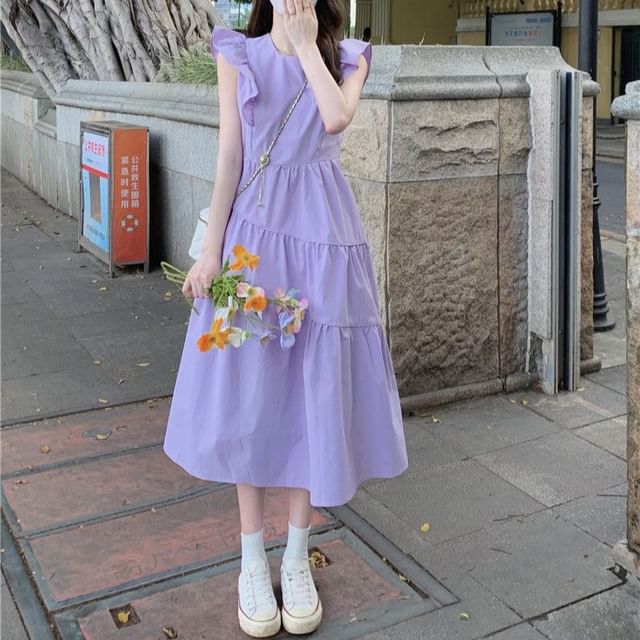 Tiered Cap-Sleeve Dress A-Line Neck Trim Plain Midi Round Ruffle