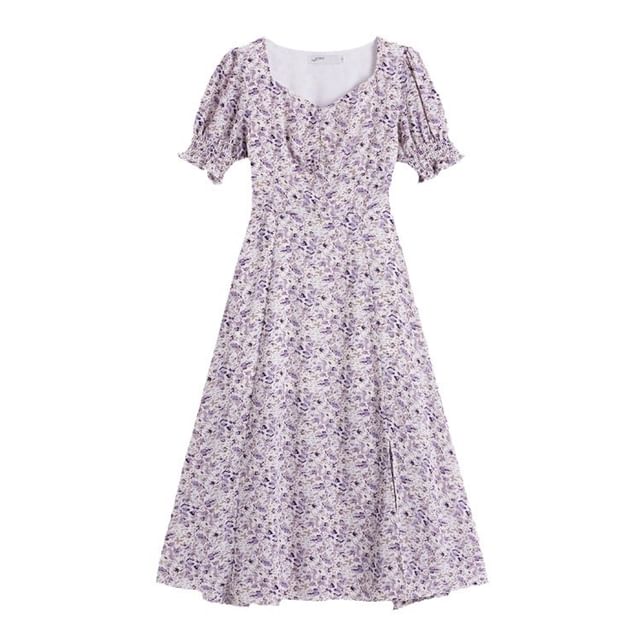 Midi Slit Floral Puff-Sleeve Dress A-Line