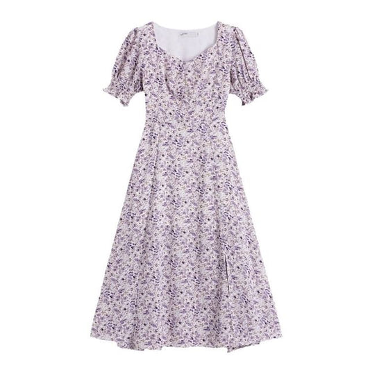 Midi Slit Floral Puff-Sleeve Dress A-Line