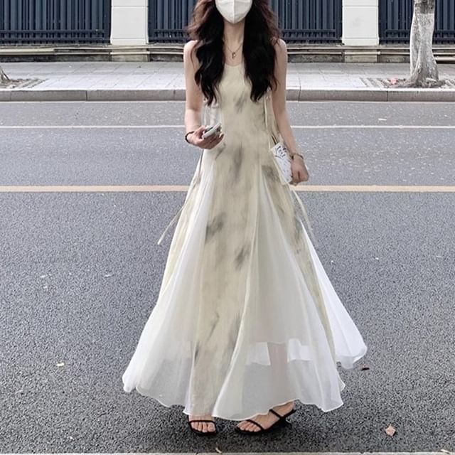 Print A-Line Spaghetti Strap Dress Midi