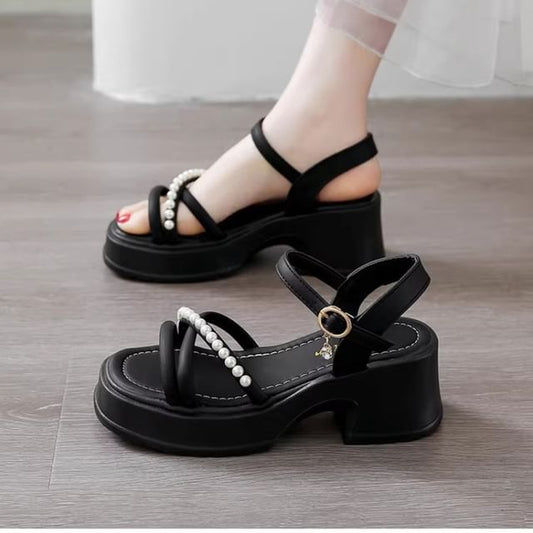 Pearl Block Faux Sandals Heel Platform