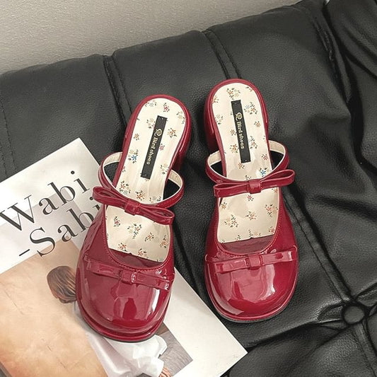 Patent Jane Bow Mules Leather Block Mary Heel