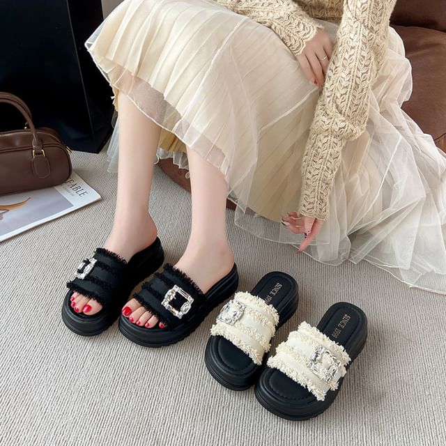 Sandals Trim Buckled Slide Fringed Platform Rhinestone