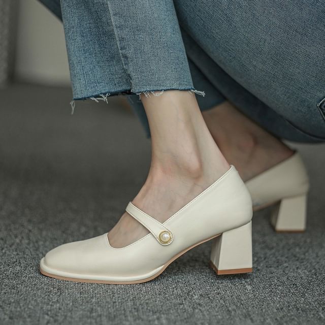 Faux Toe Mary Jane Pearl Heel Chunky Pumps Square