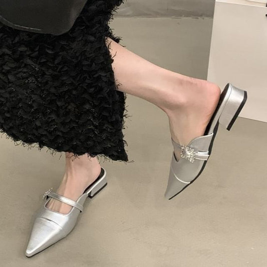 Chunky Toe Pointed Buckled Heel Mules
