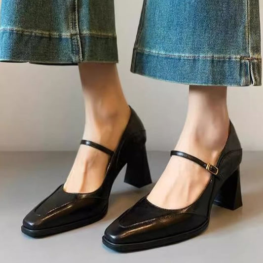 Mary Heel Shoes Faux Jane Leather Chunky