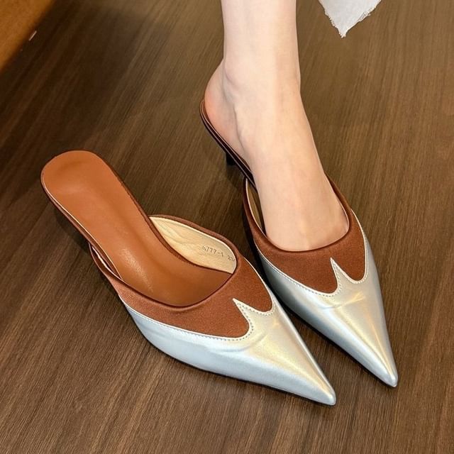 Two Kitten Heel Pointed Mules Toe Tone
