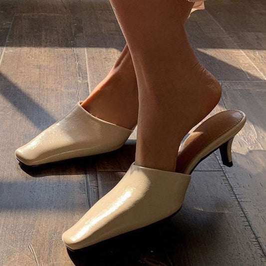 Faux Square Mules Kitten Leather Heel Toe