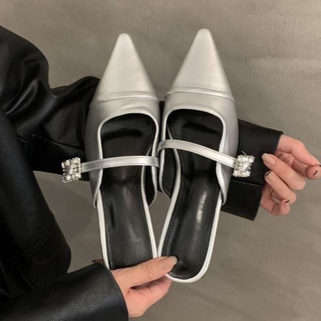 Chunky Toe Pointed Buckled Heel Mules