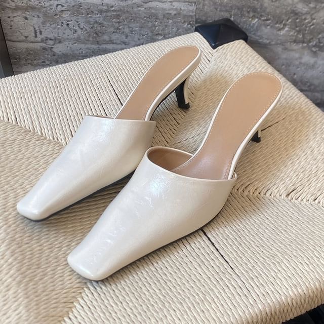 Faux Square Mules Kitten Leather Heel Toe