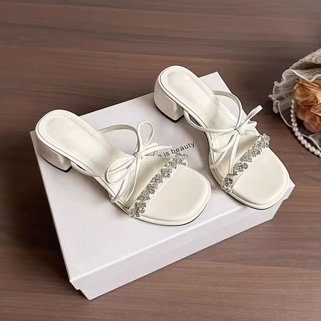 Sandals Bow Chunky Heel Slide Rhinestone