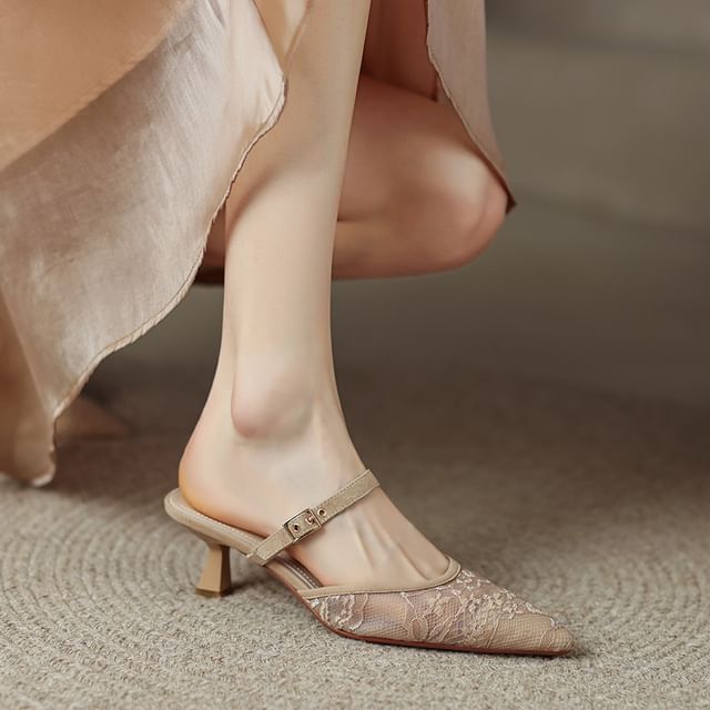 Toe Mesh Pointed Kitten Heel Floral Mules