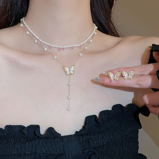 Stud / Earring Layered Pearl Necklace Butterfly Faux