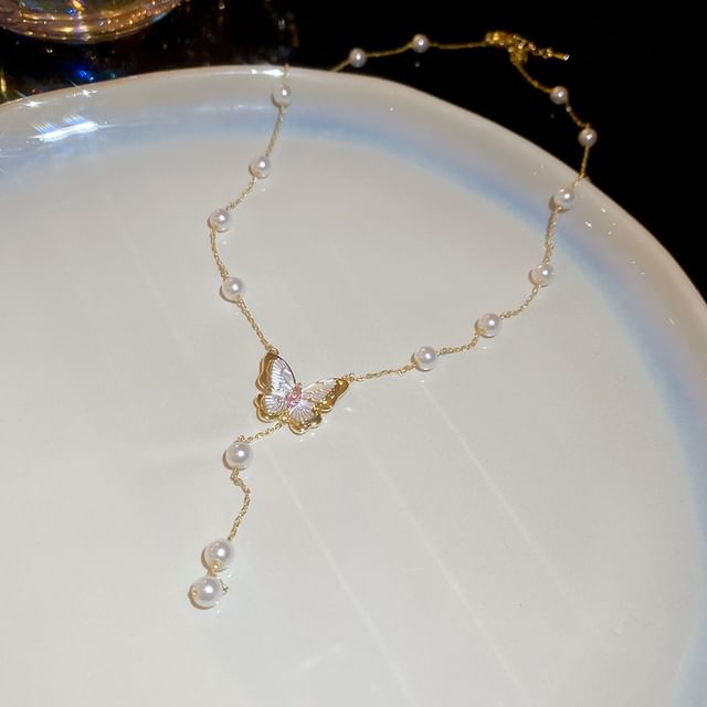 Stud / Earring Layered Pearl Necklace Butterfly Faux