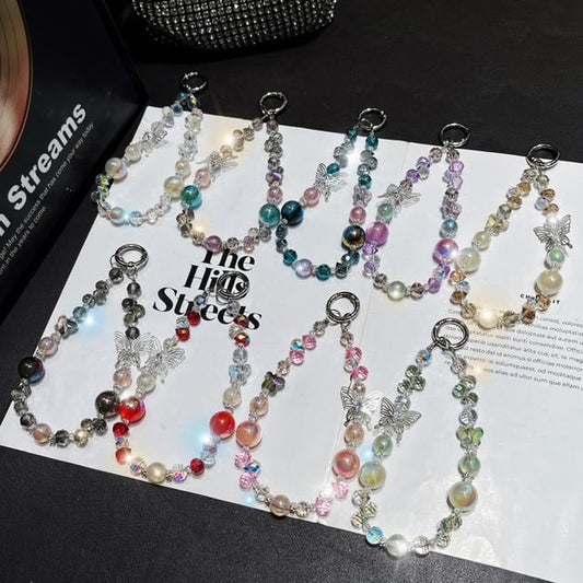 Faux Phone Wrist Strap Beaded Butterfly Crystal
