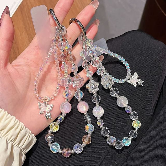 Wrist Crystal Strap Pad Lanyard with Faux Butterfly Beaded Phone