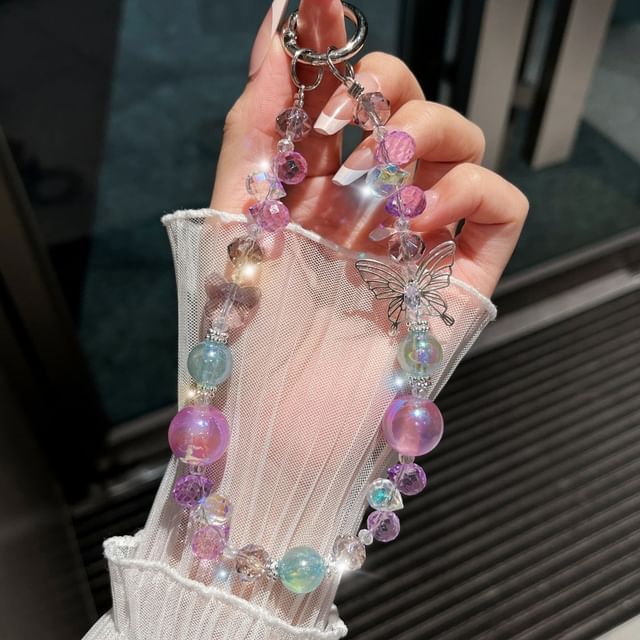 Faux Phone Wrist Strap Beaded Butterfly Crystal