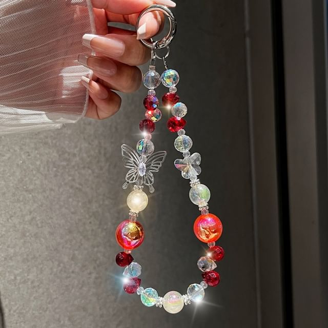 Faux Phone Wrist Strap Beaded Butterfly Crystal