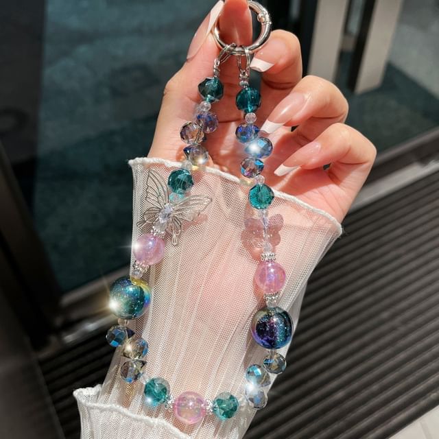 Faux Phone Wrist Strap Beaded Butterfly Crystal