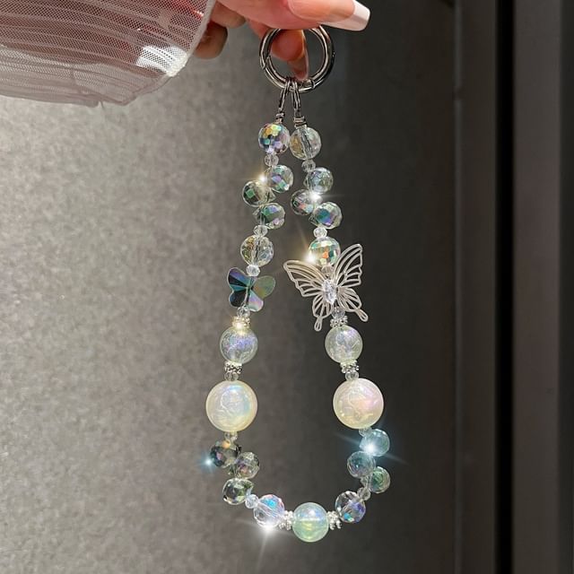 Faux Phone Wrist Strap Beaded Butterfly Crystal