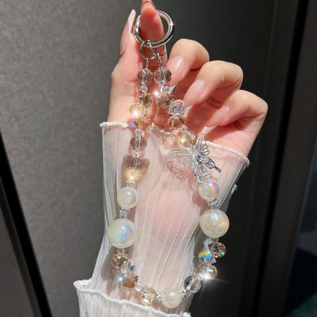 Faux Phone Wrist Strap Beaded Butterfly Crystal