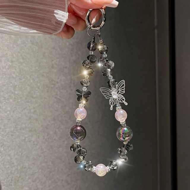 Faux Phone Wrist Strap Beaded Butterfly Crystal