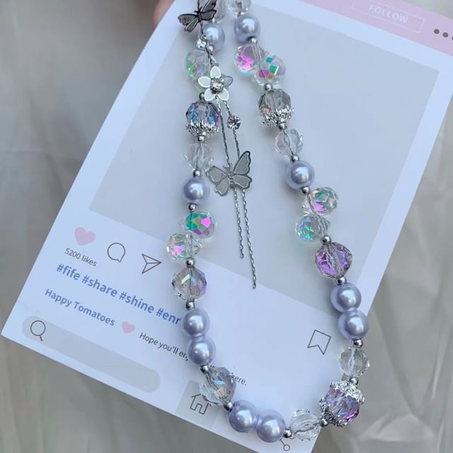 with Pearl Lanyard Strap Faux Wrist Pad Butterfly Phone