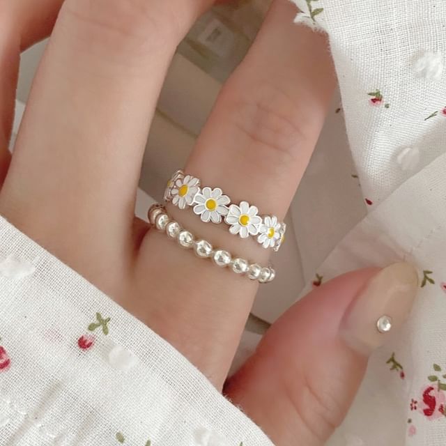 Silver Enamel Sterling Daisy 925 Open Ring