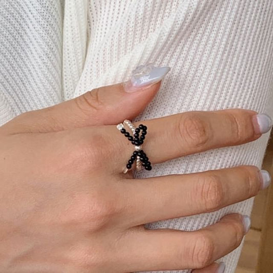 Elastic Bow Silver 925 Sterling Ring Beaded