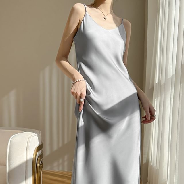 Plain A-Line Dress Strap Midi Spaghetti V-Neck Satin