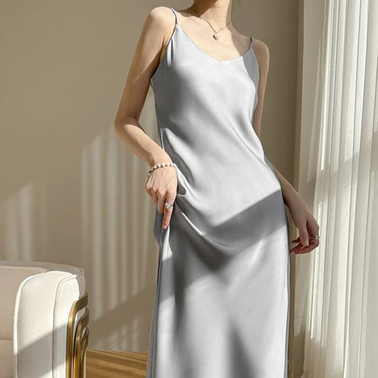 Plain A-Line Dress Strap Midi Spaghetti V-Neck Satin