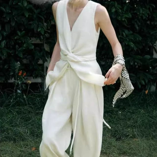 Top Pants Plain Tank Leg Knot High / Slit Rise Wide V-Neck