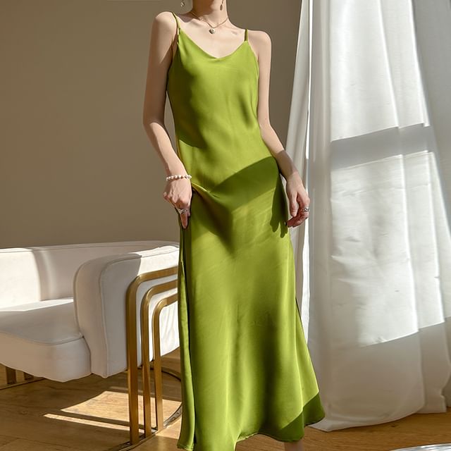 Plain A-Line Dress Strap Midi Spaghetti V-Neck Satin